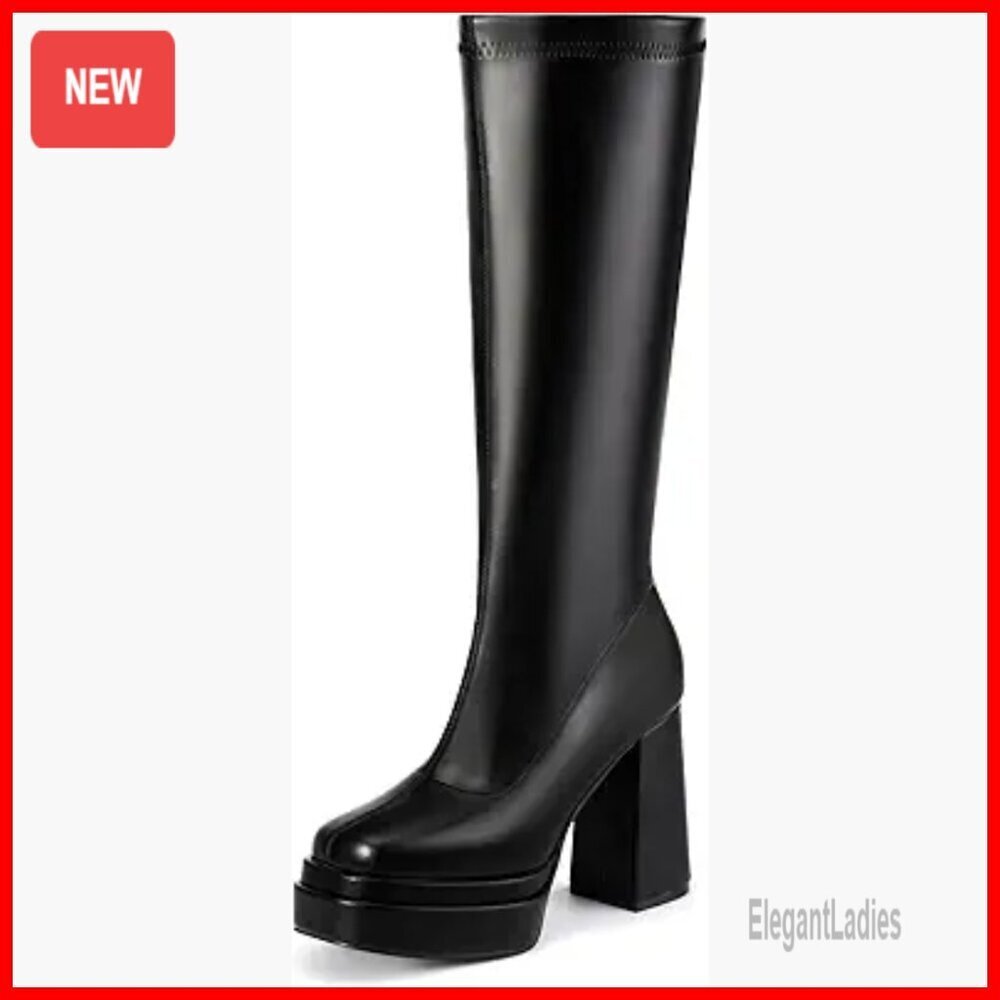 Knee High Platform Boots Chunky Heel Square Toe Pull On Disco Dressy